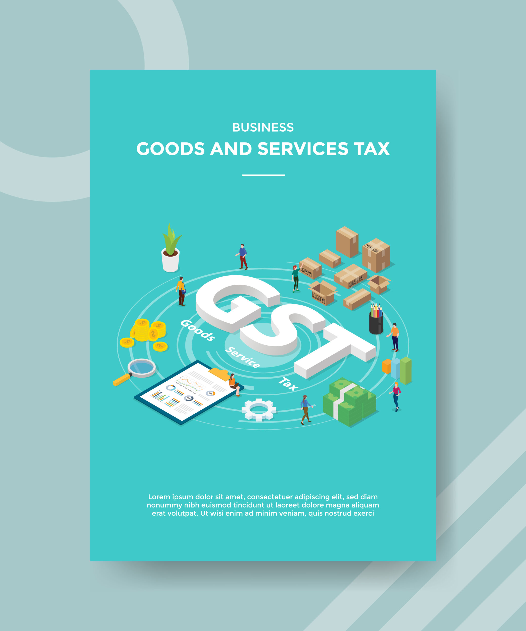 business goods and services tax people around gst text chard board box packed money for template of banner and flyer for printing magazine cover and poster